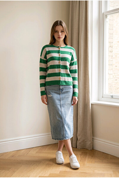 Fix Modalife Women's Striped Crew Neck Gold Buttoned Knitwear Knitted Cardiga...