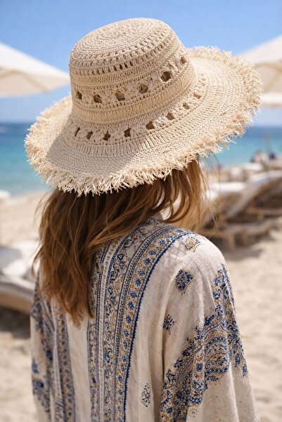 HAZAL KAYA ATELIER Ecru Round Straw Women's Hat with Tassels on the Edges