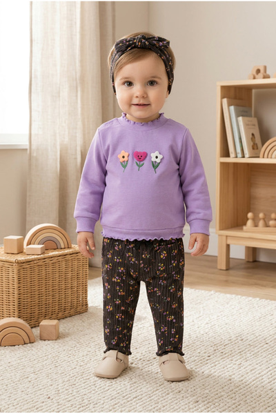 Harika KIDS Baby Girl Cotton Tracksuit Set with Hair Bandana, Two Thread Comf...