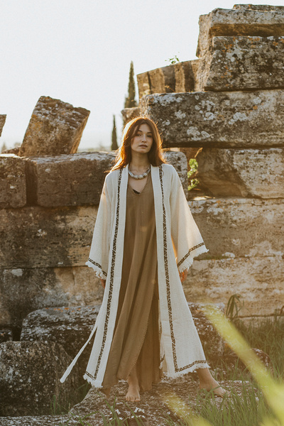 Mojo Summer Astraea El Baskısı Crinkle Keten Kimono