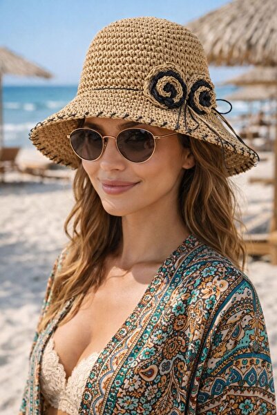 HAZAL KAYA ATELIER Camel Accessory Detailed Hand Knitted Straw Bucket Women's...