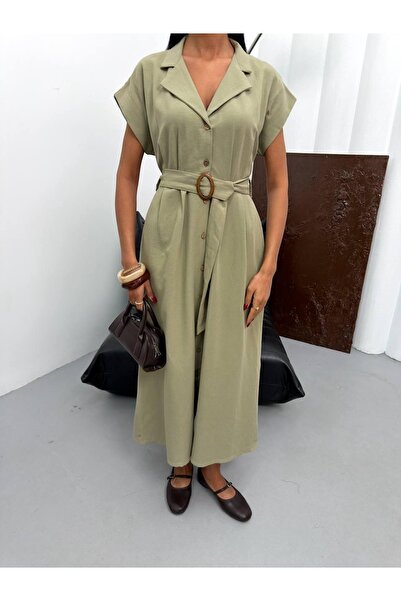 Ekim Store Λινό μάξι φόρεμα με ζώνη και κουμπιά σε όλο το μήκος