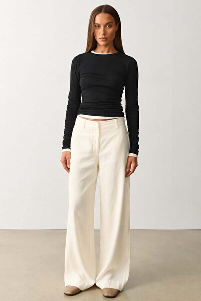 Madmext Εκρού Ψηλόμεσο Λινό Παντελόνι με Φαρδιά Μπατζάκια MG2718