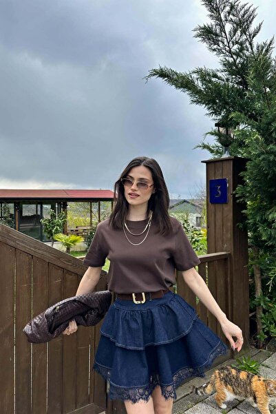 mylove Layered Lace Belted Denim Skirt Navy Blue