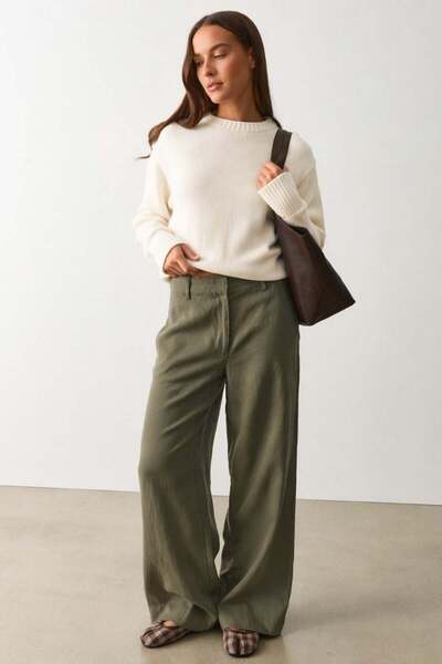 Madmext Χακί Ψηλόμεσο Λινό Παντελόνι με Φαρδιά Μπατζάκια MG2718