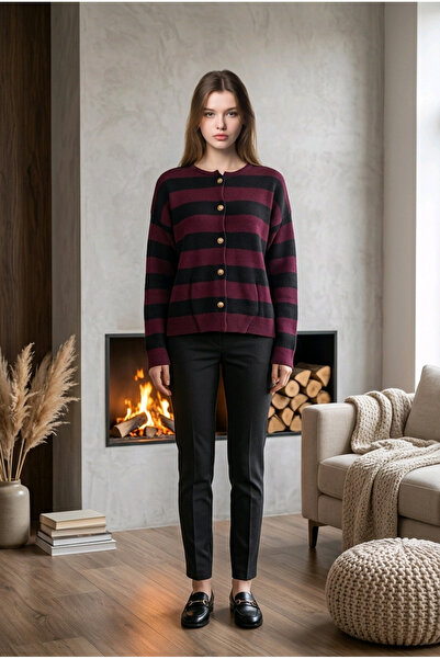 Fix Modalife Women's Striped Crew Neck Gold Buttoned Knitwear Knitted Cardiga...