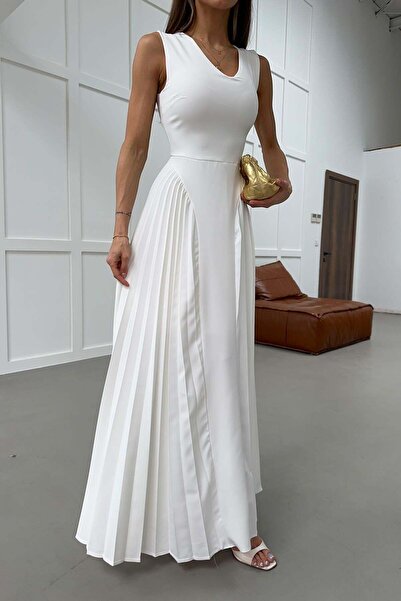 mylove Pleated V-Neck Long Dress White
