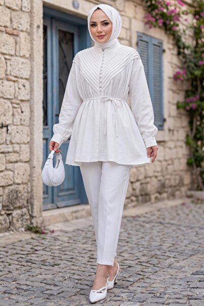 hafsamina Ριμπ Τούνικ με Μισό Κούμπωμα Λευκό HM2886