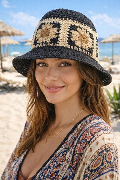 HAZAL KAYA ATELIER Black Daisy Patterned Hand Knitted Straw Bucket Women's Hat