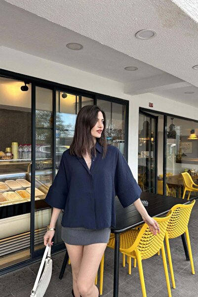 mylove Draped Short Sleeve Shirt Navy Blue