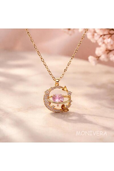 Monivera Women's Silver Round and Pink Heart Stone Patterned Tarnish Resistan...