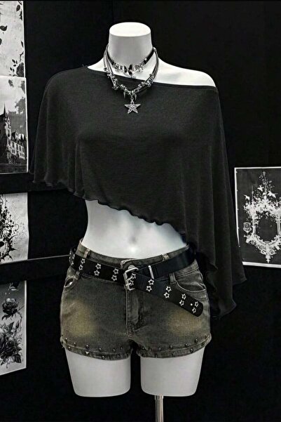 ARS Butik Bat Sleeve Asymmetrical Ruched Y2K Short Sleeve Crop Body