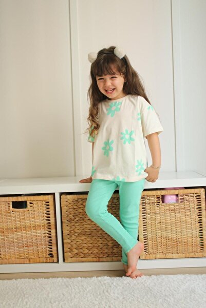 RÜYA KİDS Girl's Ribbed Daisy Printed 2-Piece Top and Bottom Set