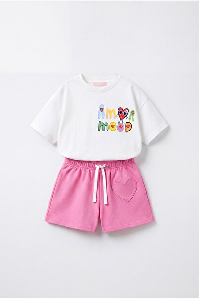 Magu Κοριτσίστικο Βαμβακερό Εκρού Ροζ Σετ Σορτς με Λεπτομέρεια Καρδιάς και Στ...