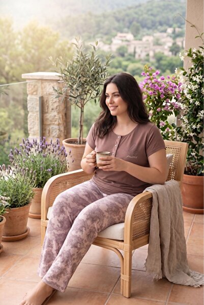 seamlife Γυναικείο σετ πιτζάμες με κοντό μανίκι, καφέ χρώμα, μεγάλο μέγεθος, ...