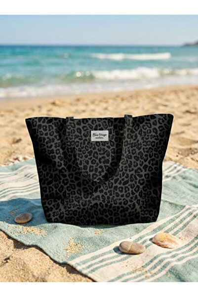 Miami Beach Leopar Desenli Siyah Parçalı Kendinden Saplı Astarlı Kadın Plaj Ç...
