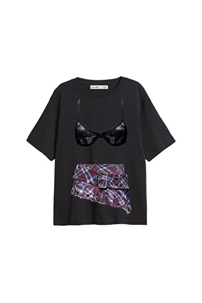 Bak Moda Καρό Φούστα με Στάμπα, Χαλαρή Εφαρμογή, Μαύρο Γυναικείο Μπλουζάκι