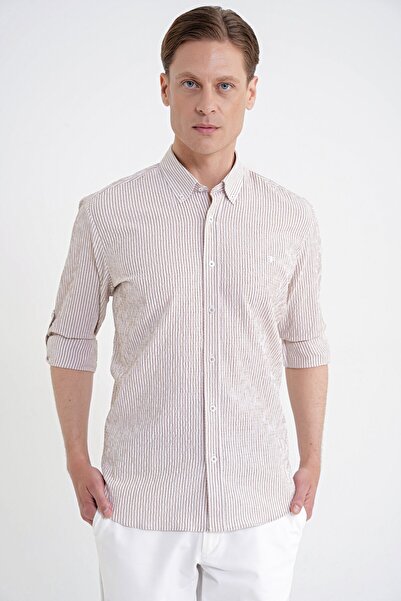 Efor Men's Comfort Fit Foldable Cuff Collar 100% Cotton Beige Striped Shirt g...