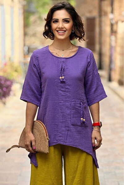 Nevin Kaya Moda Μωβ Χρώμα Μπλούζα από ύφασμα μουσελίνας με χάντρες