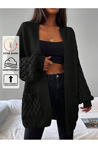 Koçer Triko Women's Black Balloon Sleeve Oversized Knitted Cardigan with Diam...