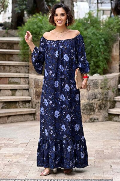 Nevin Kaya Moda Ιταλικό φόρεμα σε μπλε ναυτικό χρώμα με γιακά Carmen