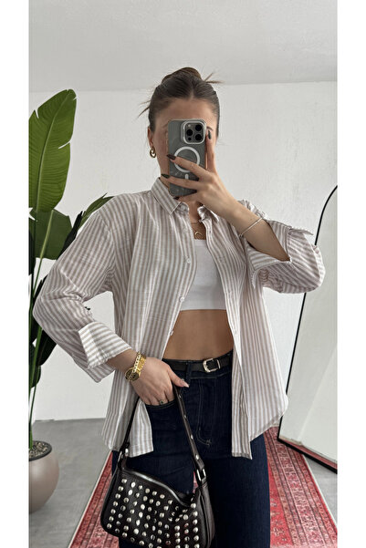 asfamoda Women's Slim Salmon Striped Oversize Waist Speed Loose Cut Long Slee...