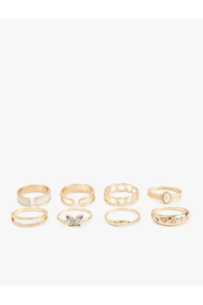 Koton 8-Piece Ring Set with Stone and Butterfly Detail