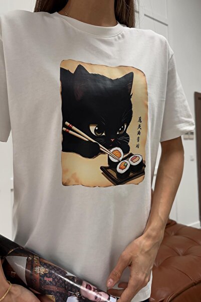 mylove تيشيرت مطبوع عليه قطة كاواي باللون الأبيض