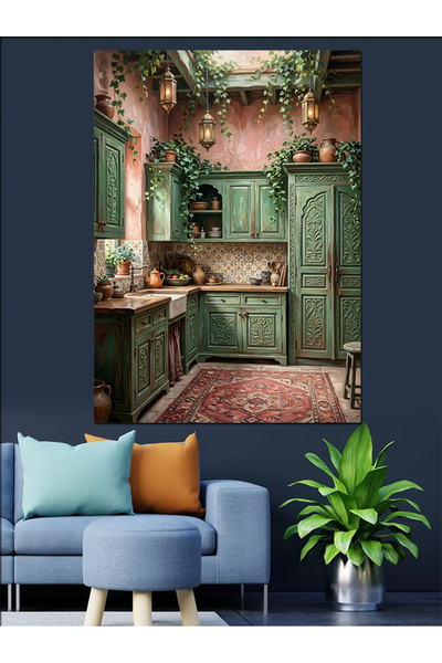 Artmeg Pânză decorativă cu bucătărie verde și decor cu plante - Masă din lemn...