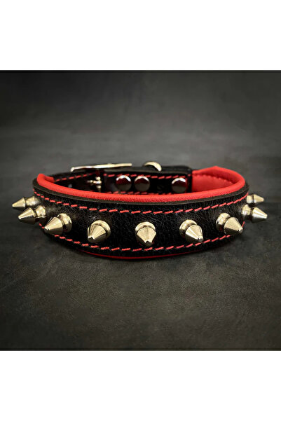 Bestia Spiky Collar, Natural Leather , M: 30-35 cm, Red
