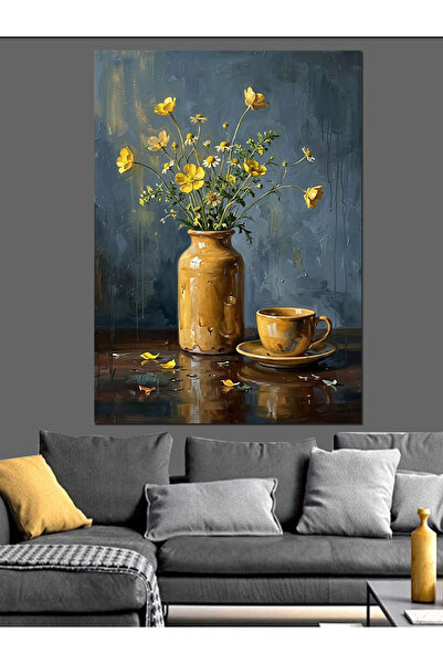 Artmeg Vază cu flori galbene și ceașcă de cafea, pânză decorativă - Masă din ...