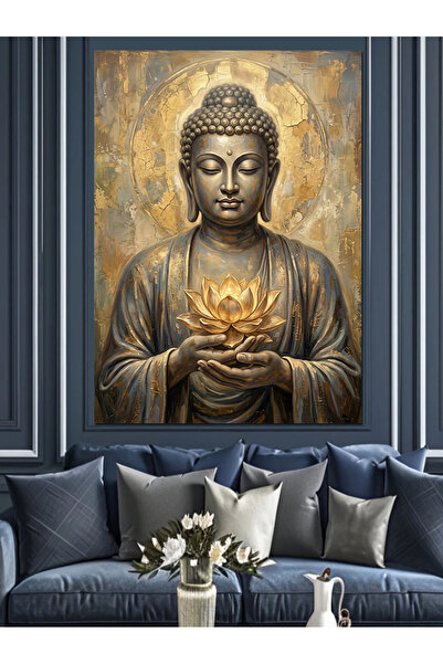 karizmart Altın Işıklı Buda Meditasyon Tablosu Dekoratif Kanvas - Mdf Ahşap T...