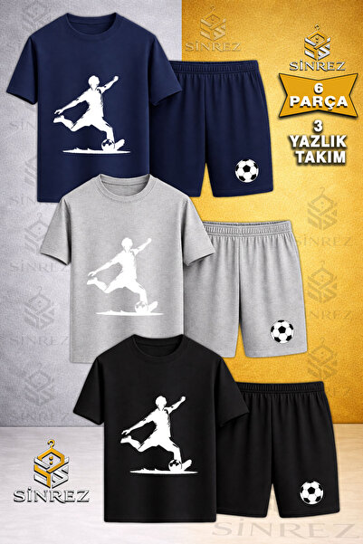 SİNREZ Çocuk FUTBOLCU SUT ATAN BEYAZ Baskılı Bisiklet Yaka 3 Lü Tişört - Şort...