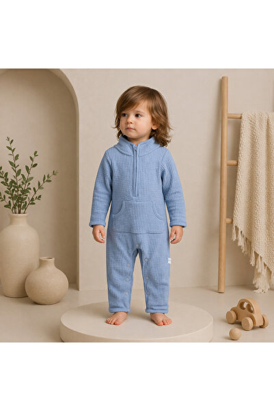 Bebelul Μπλε βαμβακερό βρεφικό αγορίστικο ολόσωμο φορμάκι με φερμουάρ Μουράτ