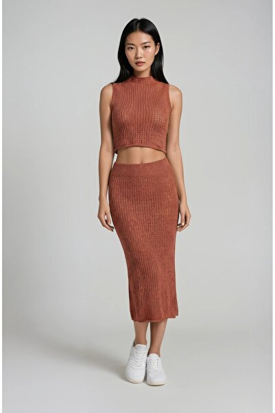 Sea Style Σετ Πλεκτών: Μπλούζα Crop και Μίντι Φούστα