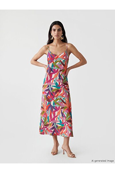 LC Waikiki Lcwaikiki Classic Mixed V-Neck Rope Strap A-Line Dress