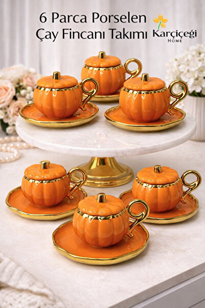 Karçiçeği Home Turuncu Yaldızlı Bal Kabağı Fincan 6 Kişilik