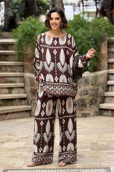 Nevin Kaya Moda Καφέ Σετ Παντελόνι και Μπλούζα με Αυθεντικό Σχέδιο