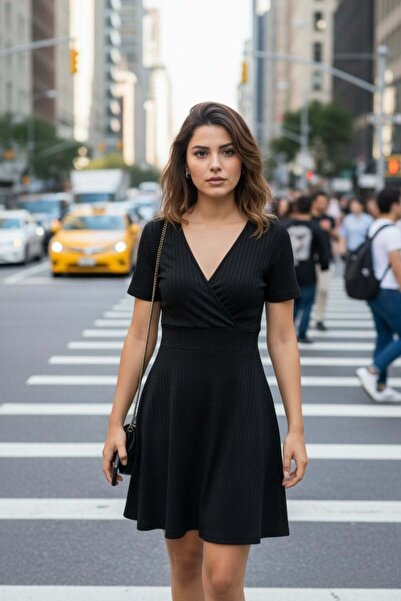 Mossta Φόρεμα με διπλό γιακά και χοντρό καμπαρντίνο - Μαύρο