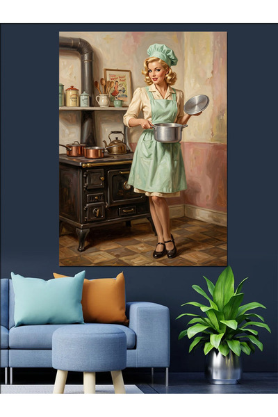 Artmeg Femeie care gătește în bucătărie retro - Pânză decorativă - Masă din l...