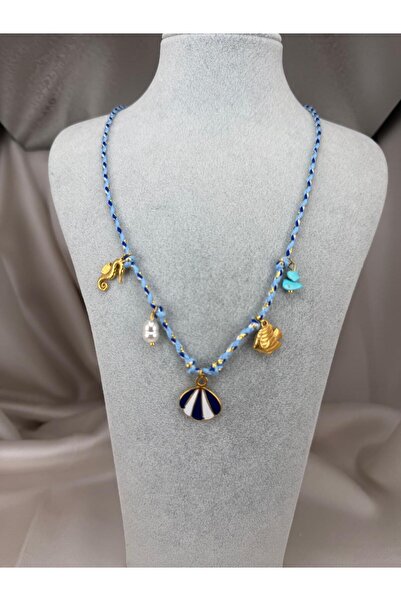 ZS Aksesuar Summer Sea Themed Necklace Blue Rope Design with Sea Shell and Fi...