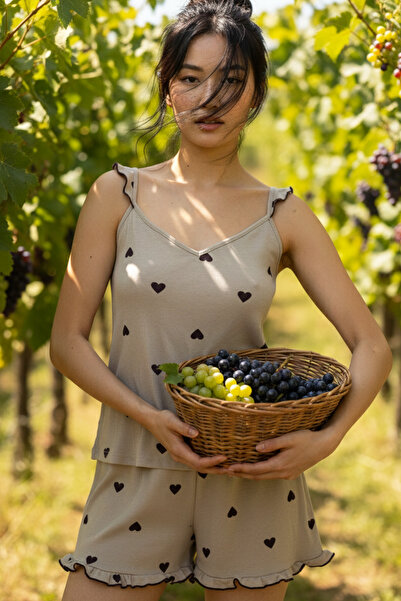 Siyah İnci Πράσινο σχέδιο με κορδόνια, πλεκτό σορτς και πιτζάμα σετ 26120151