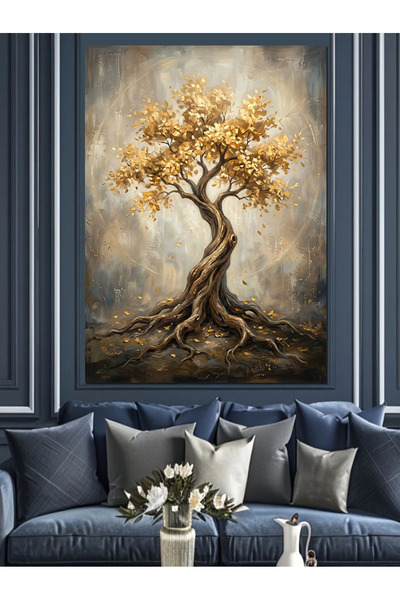 Artmeg Pânză decorativă cu design de copac uscat cu frunze aurii - Masă din l...