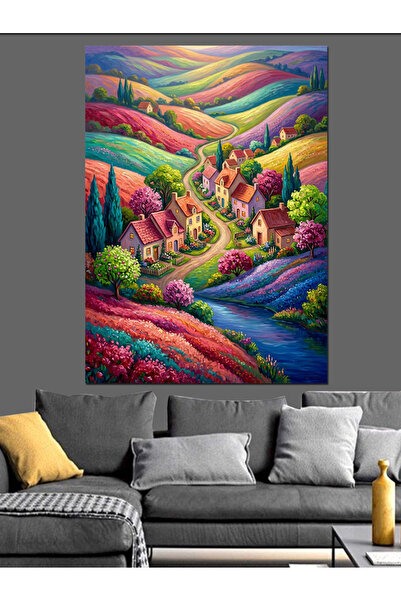 Artmeg Pânză decorativă Dealurile Colorate și Satul Basmelor - Masă din lemn MDF