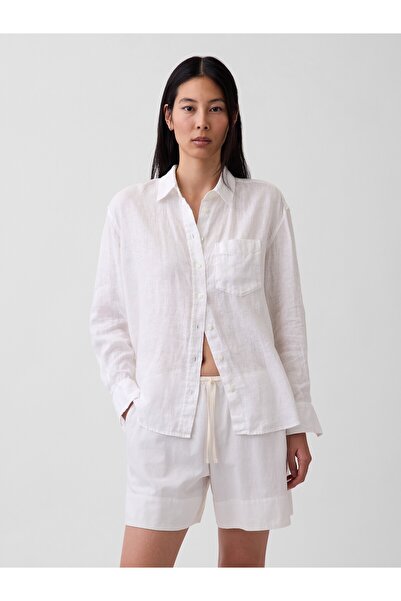 GAP Kadın Beyaz 100% Keten Oversize Gömlek