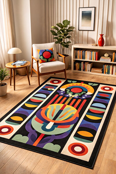 Toronto Home Dijital Kaymaz Yıkanabilir Renkli Siyah Soyut Salon Halısı Mutfa...