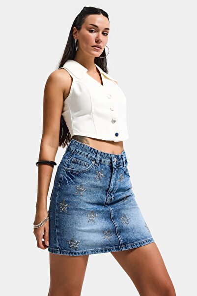 it's basic Γυναικεία Μπλε T-4s6-4 ίσια μίνι φούστα τζιν με γυαλιστερές πέτρες...