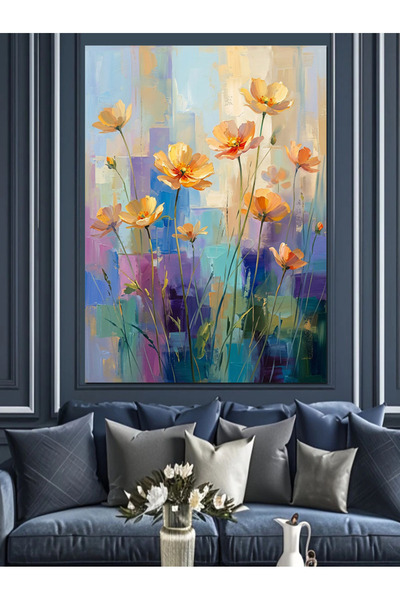 Artmeg Flori portocalii pe fundal abstract Pânză decorativă - Tablou din lemn...