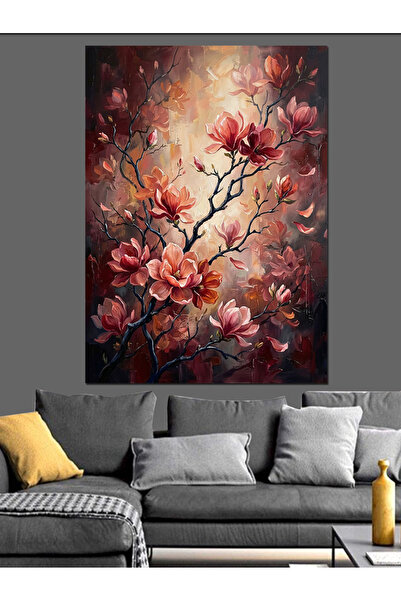 Artmeg Pânză decorativă cu copac și flori de magnolie roșie - Tablou din lemn...