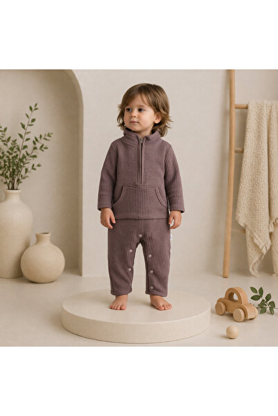 Bebelul Καφέ βαμβακερό βρεφικό αγορίστικο ολόσωμο φορμάκι με φερμουάρ Μουράτ